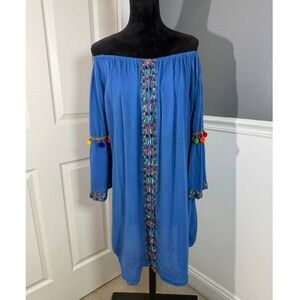 Boho Blue Rayon POM POM Elastic Neckline Embroidered‎ Tunic Dress 1XL